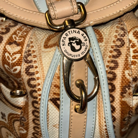 Spartina 449 Beige and Light Blue Paisley Canvas Drawstring Backpack - Picture 5 of 9